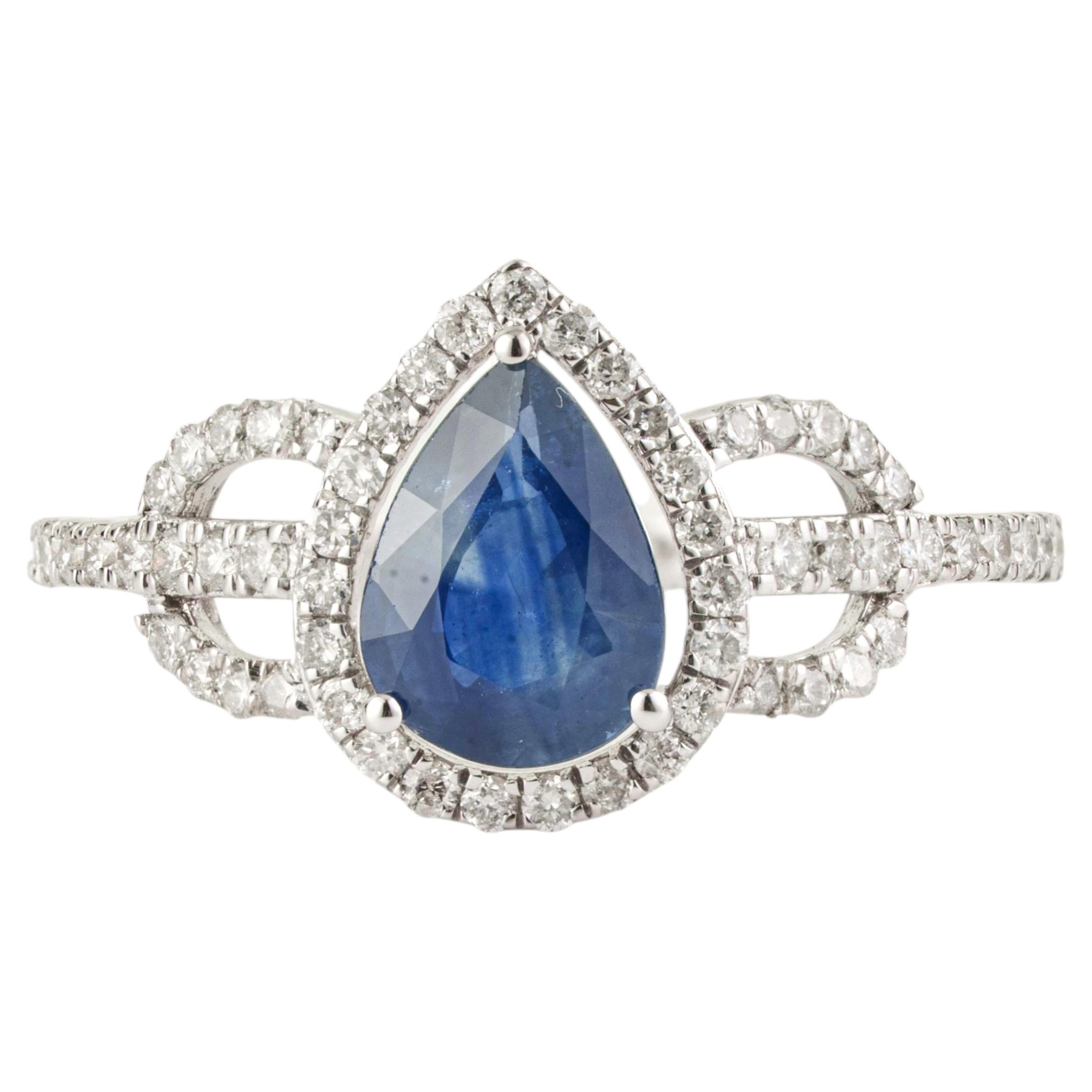 14K White Gold 1.22ct Pear Cut Blue Sapphire & Diamond Statement Halo Ring