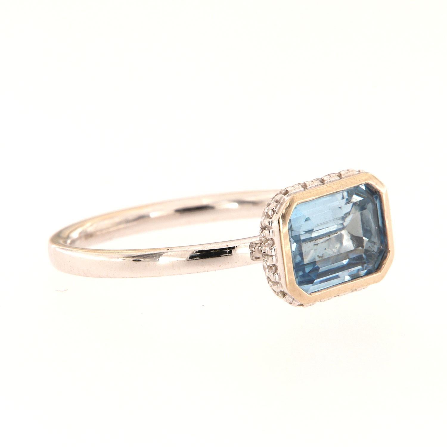 Emerald Cut 14K White Gold 1.23 Carat Emerald Aquamarine Hidden Halo Diamond Ring For Sale