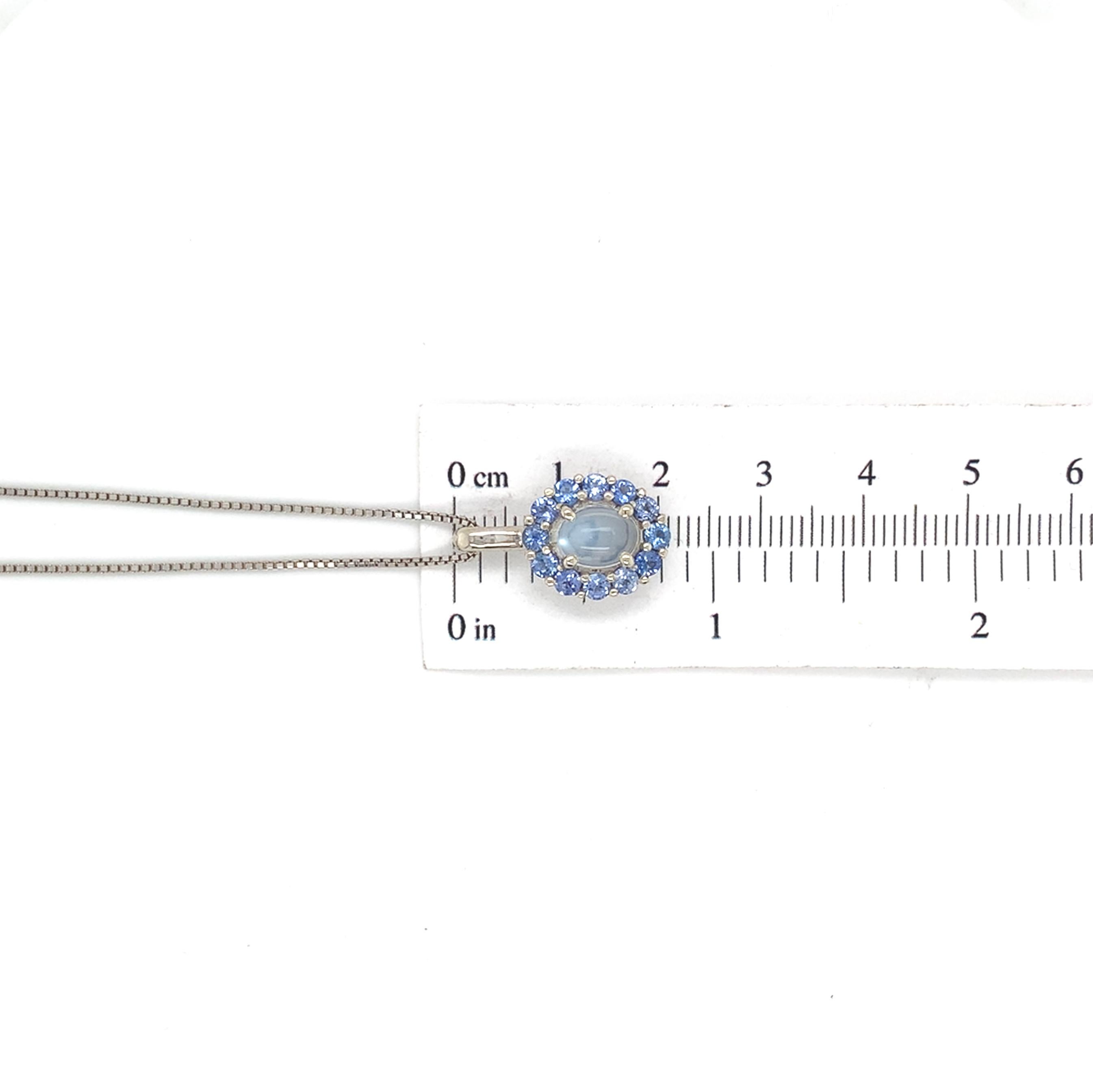 14K White Gold  1.25 carat Moonstone and Blue Sapphire Pendant For Sale 3