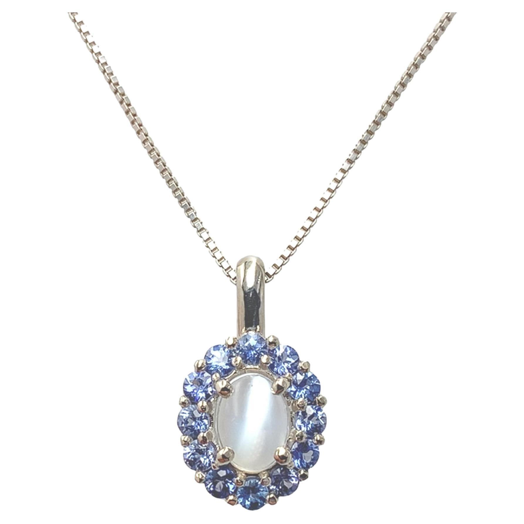 14K White Gold  1.25 carat Moonstone and Blue Sapphire Pendant For Sale