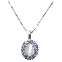 14K White Gold  1.25 carat Moonstone and Blue Sapphire Pendant