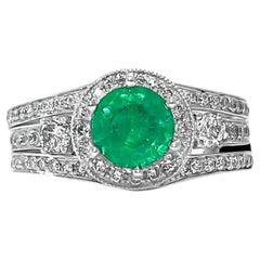 14K White Gold 1.25 ct Emerald & 1.10 ct Diamond Art Deco Style Ladies Ring