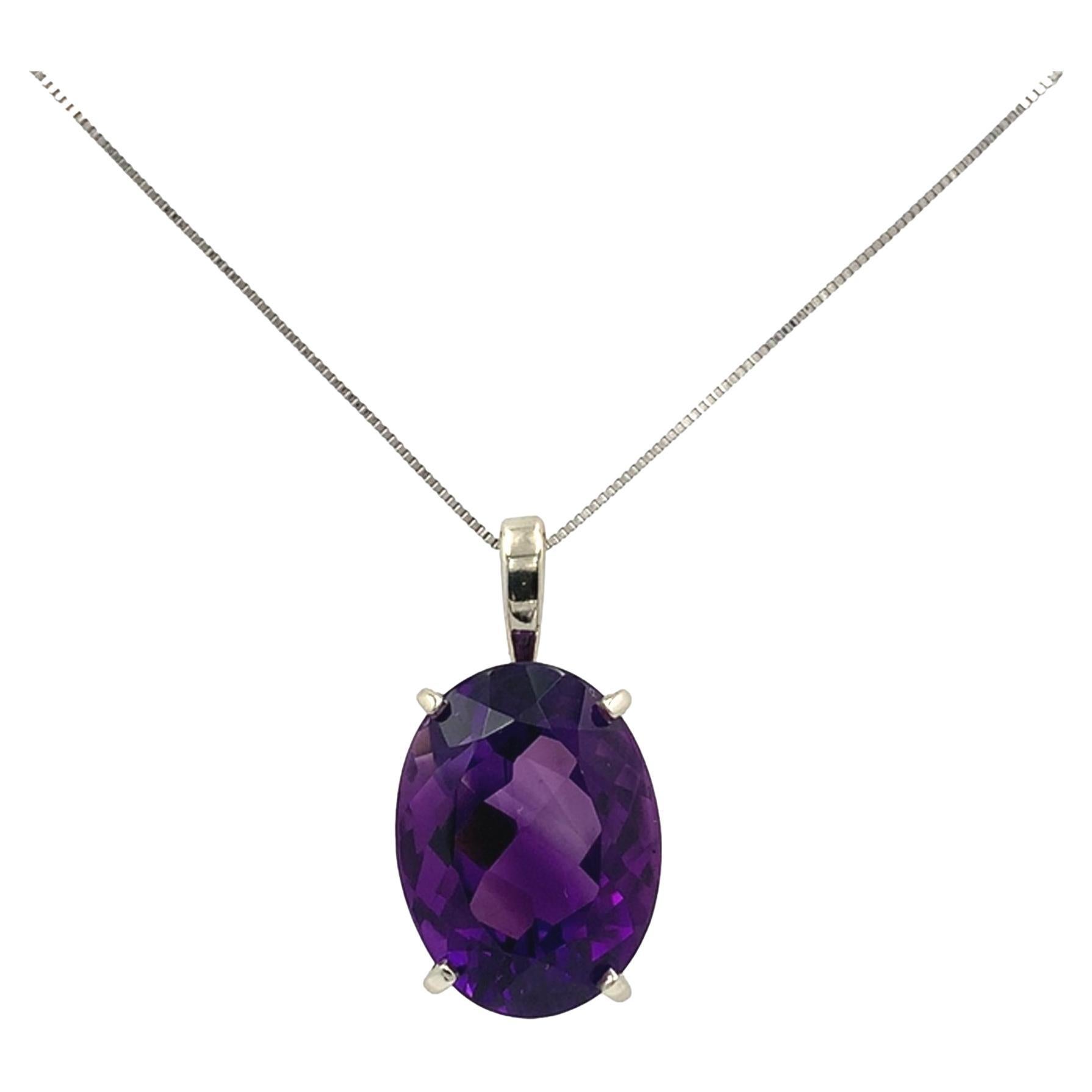 Pendentif en or blanc 14 carats avec améthyste ovale de 12,52 carats et chaîne de 18 pouces