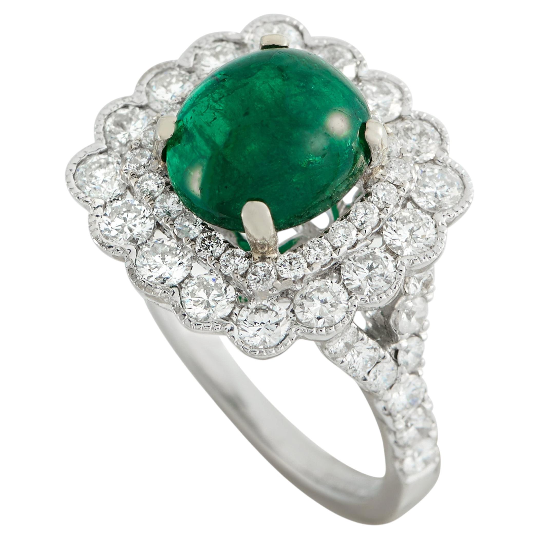 14K White Gold 1.25ct Diamond and Emerald Ring
