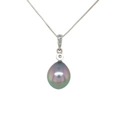 14K white gold 12.5mm Black Tahitian Pearl Pendant Peacock Color