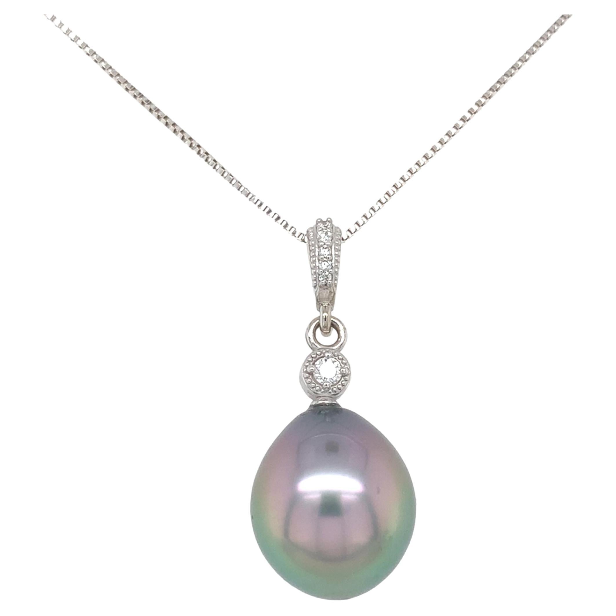 14K white gold 12.5mm Black Tahitian Pearl Pendant Peacock Color For Sale