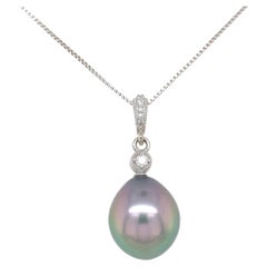 14K white gold 12.5mm Black Tahitian Pearl Pendant Peacock Color