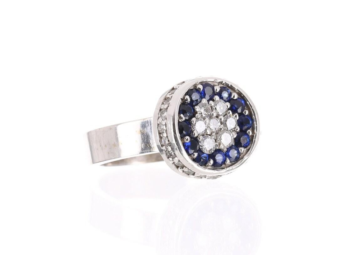 Art Deco 14K White Gold 1.25tcw AAA+ Natural Blue Sapphire & Diamond Cocktail Ring For Sale