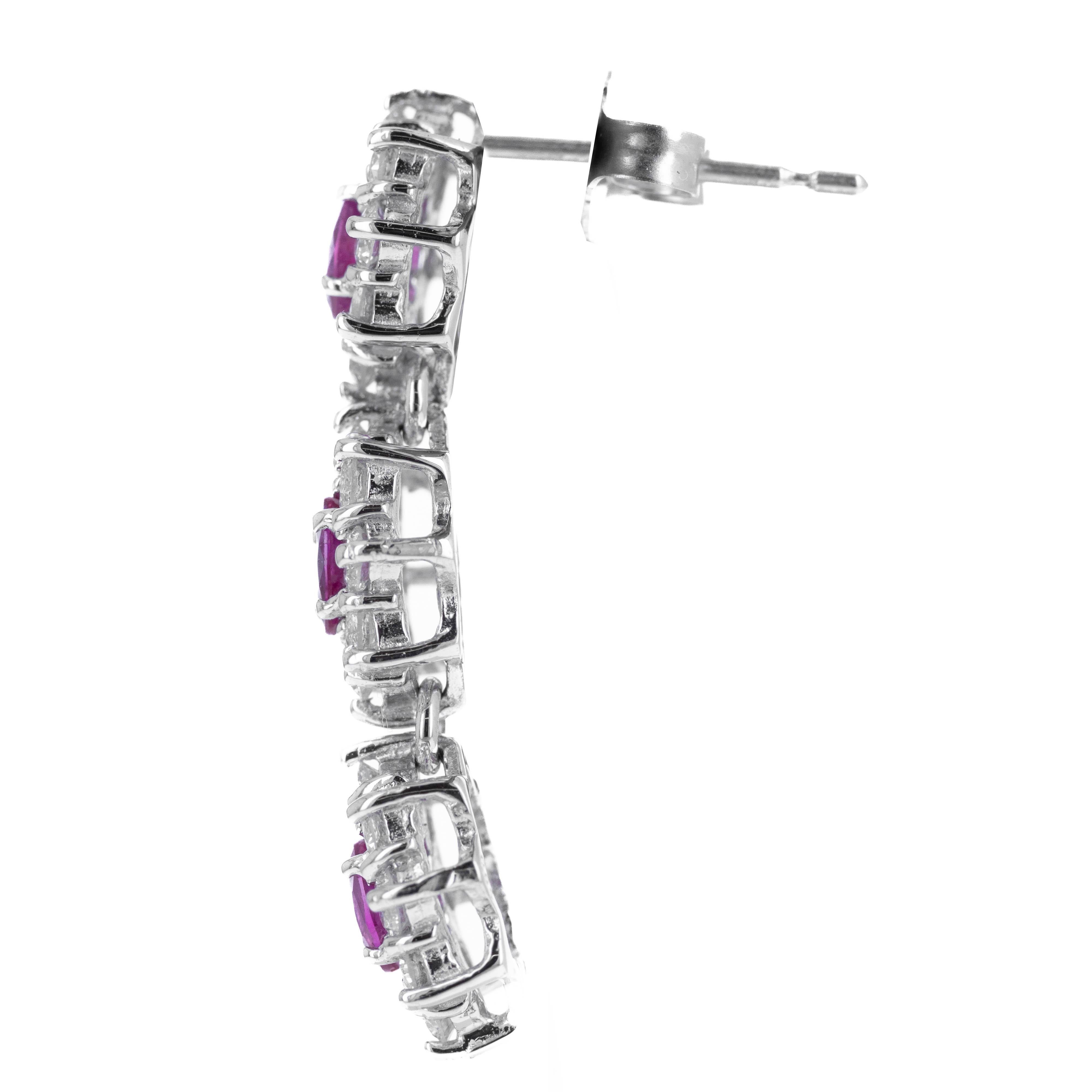 Oval Cut 14K White Gold 1.26 Carat Ruby Diamond Halo Drop Earrings For Sale