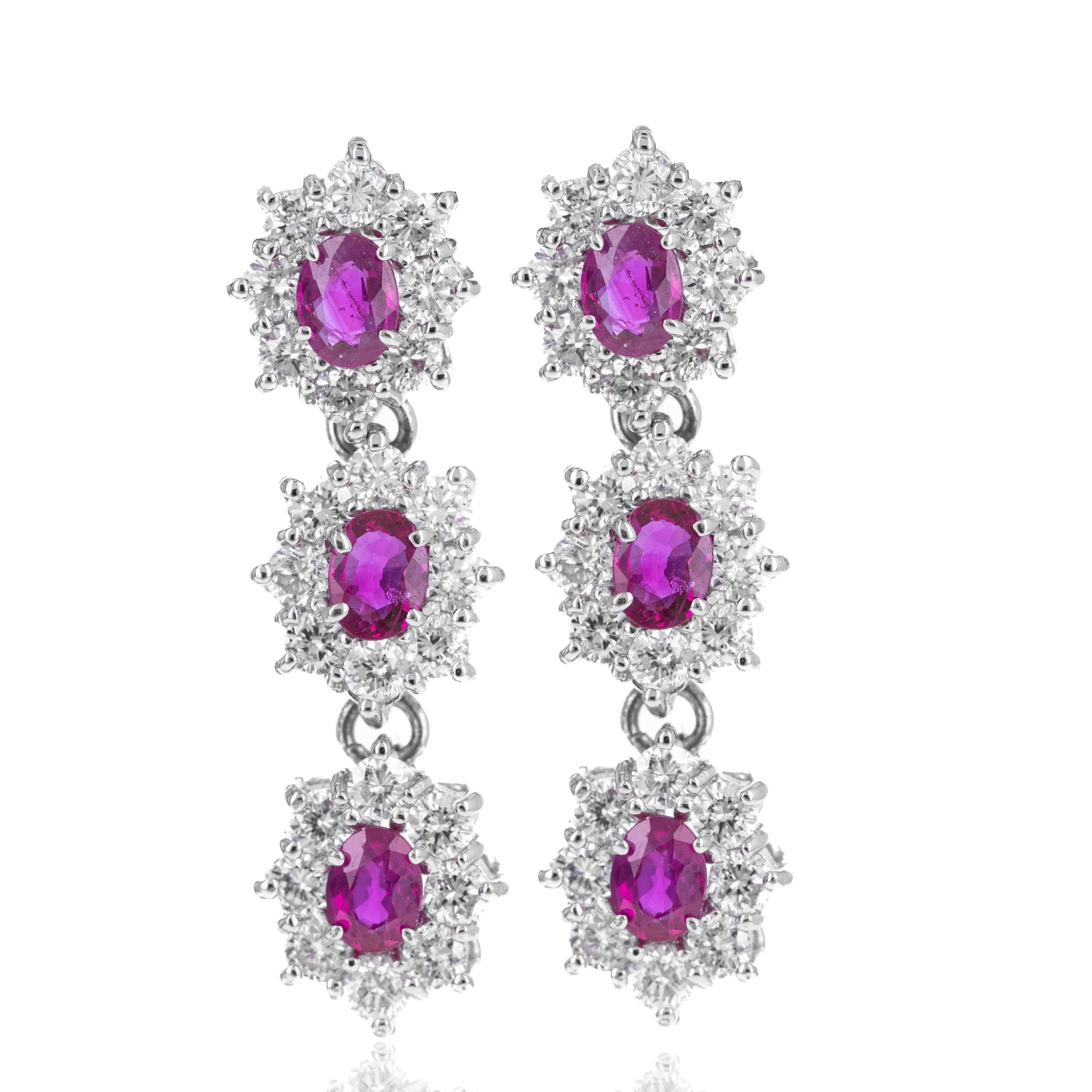 14K White Gold 1.26 Carat Ruby Diamond Halo Drop Earrings In New Condition For Sale In Cape May, NJ