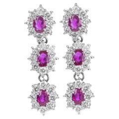 14K White Gold 1.26 Carat Ruby Diamond Halo Drop Earrings
