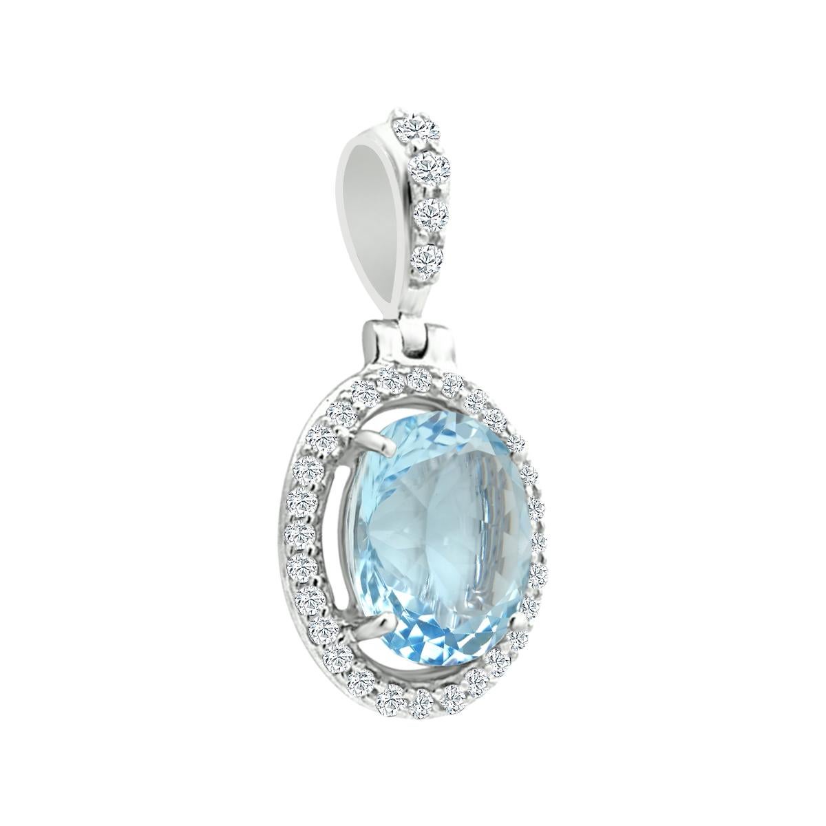 Aquamarine, The Dazzling Blue Birthstone For The Month Of March, Has One Of The Most Unique Hues Amongst Precious Stones.
This Stunning 14K White Gold Oval Shaped Pendant Has It All ! The Perfect Mesmerizing Gemstone And  Beautiful Settings Of