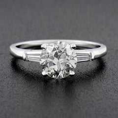 14K White Gold 1.29ct GIA Old Circular Brilliant Diamond Solitaire Baguette Ring