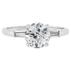 14K White Gold 1.29ct GIA Old Circular Brilliant Diamond Solitaire Baguette Ring