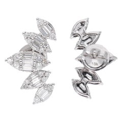 14K White Gold 1.2 Carat SI/H Diamond Cluster Ear Climber Stud Earrings