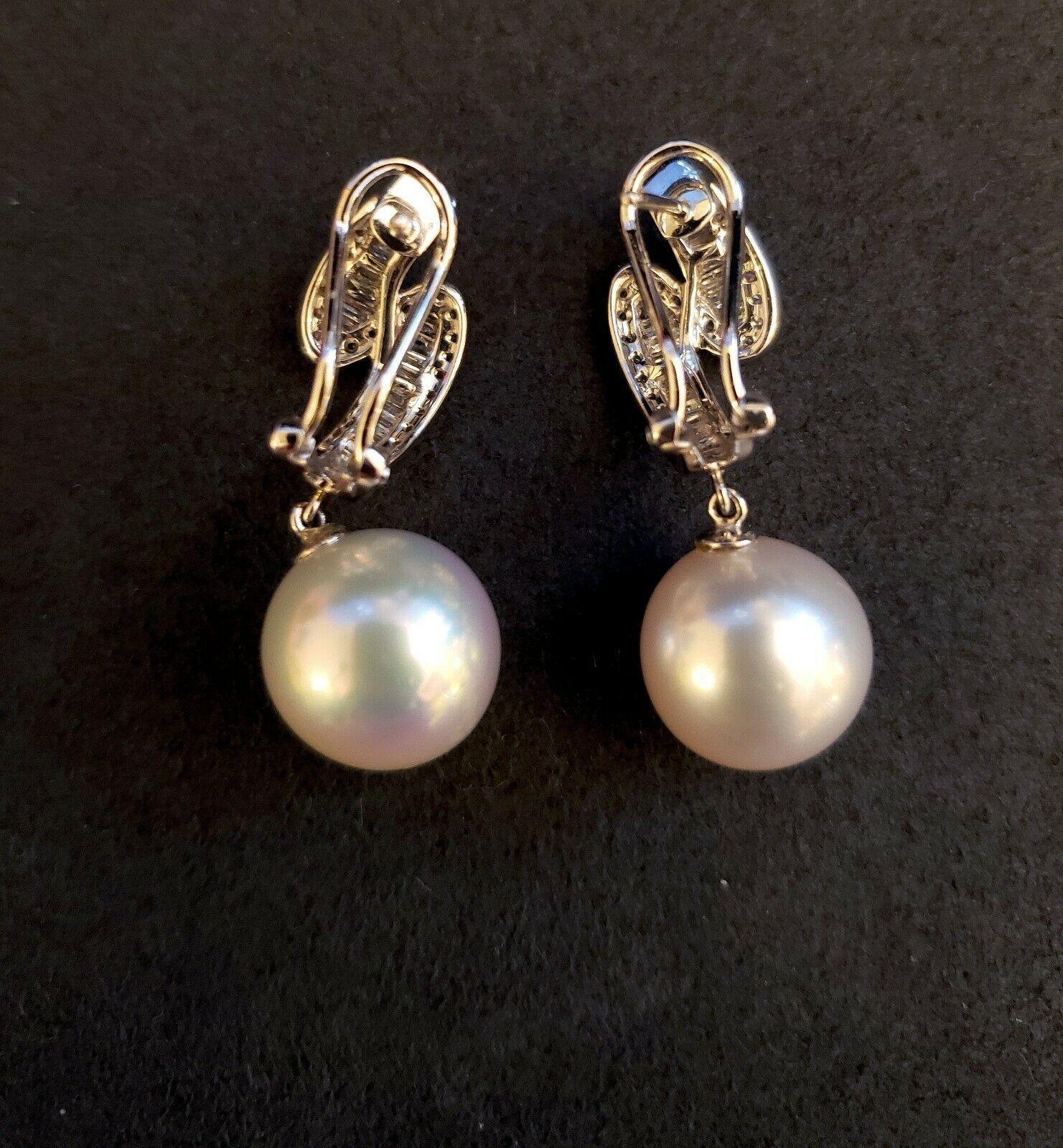 Contemporary 14 Karat White Gold, Round South Sea Pearl and Diamond Earrings