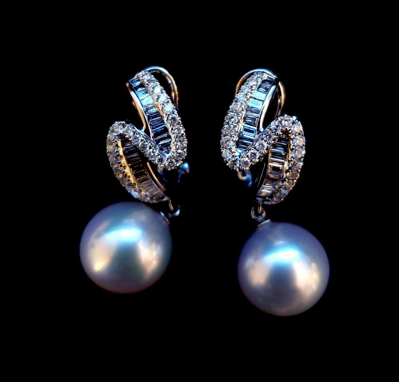 Round Cut 14 Karat White Gold, Round South Sea Pearl and Diamond Earrings