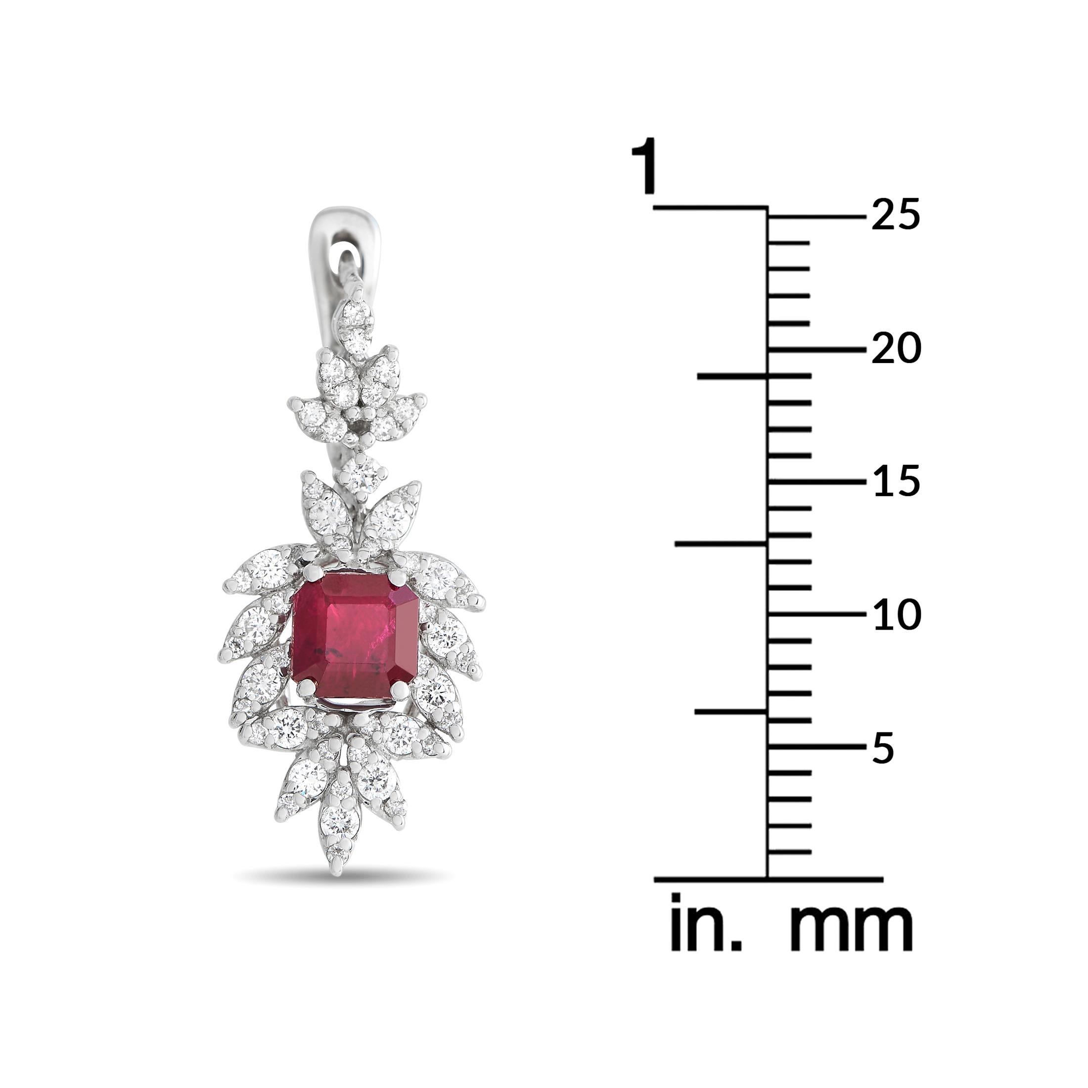 Round Cut 14K White Gold 1.30ct Diamond and Ruby Drop Earrings