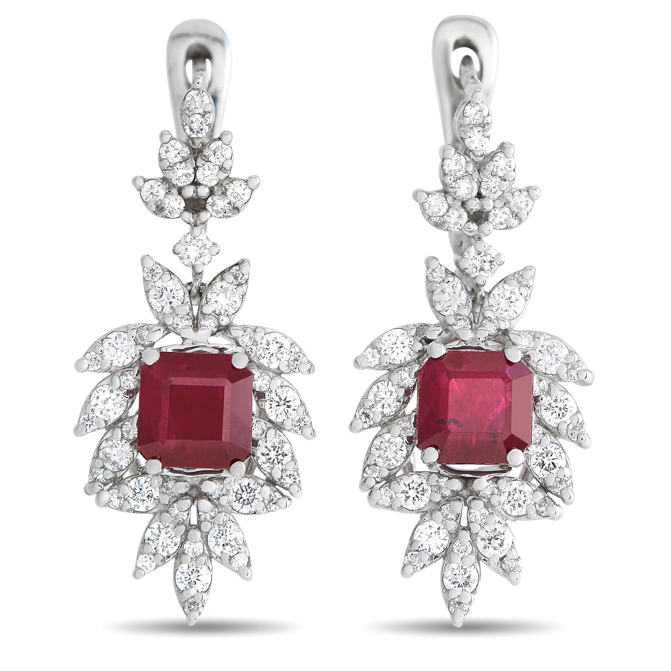 14K White Gold 1.30ct Diamond and Ruby Drop Earrings In Excellent Condition In Southampton, PA