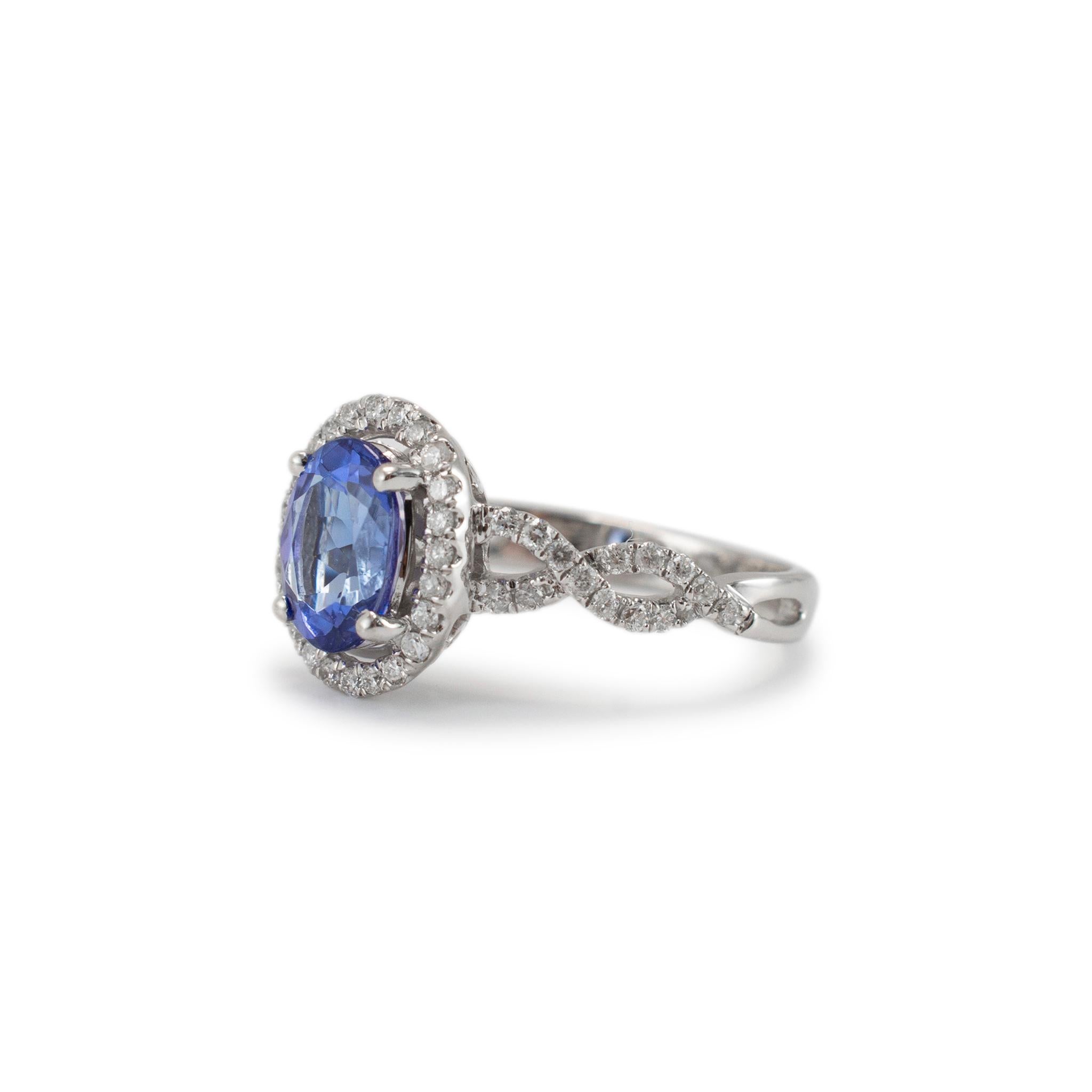 Oval Cut 14K White Gold 1.32ct Tanzanite Halo Accented Diamond Cocktail Ring For Sale