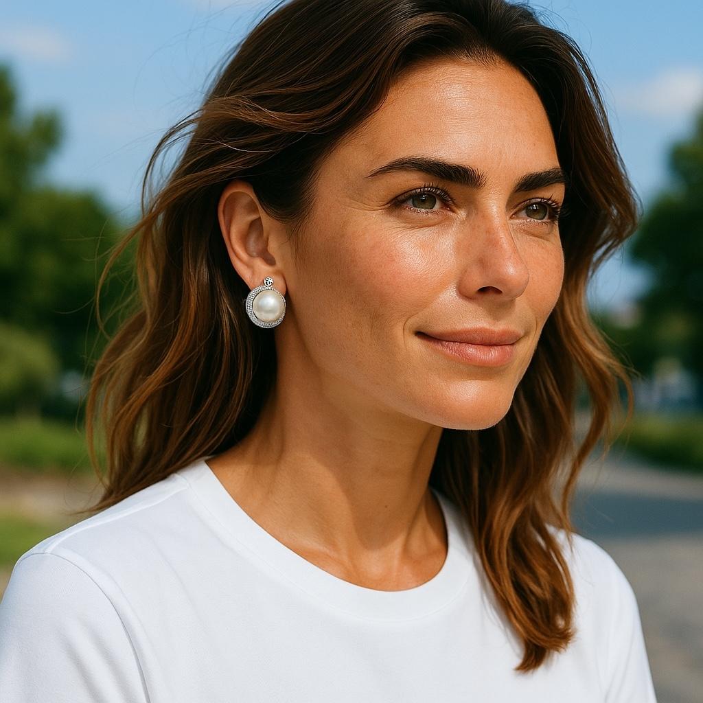 A Luminous Blend of Classic Pearls and Brilliant Diamonds
Enhance your fine jewelry collection with these 14K White Gold Earrings, each showcasing a lustrous pearl measuring approximately 13.4mm and complemented by 1.20 carats of dazzling diamonds.