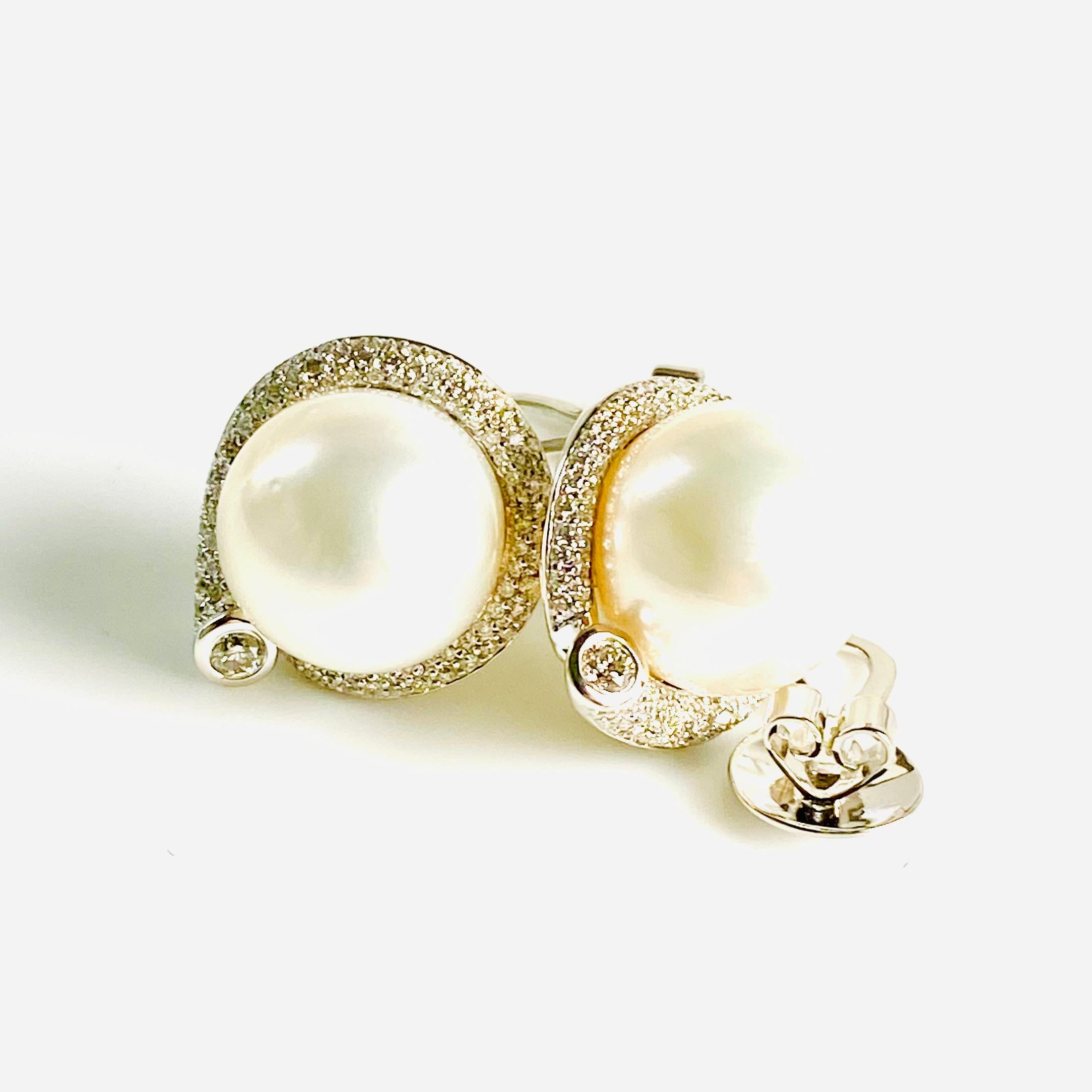 Women's or Men's 14K White Gold 13.4 Millimeter Pearl and Diamond 1.20 Carats Earrings For Sale