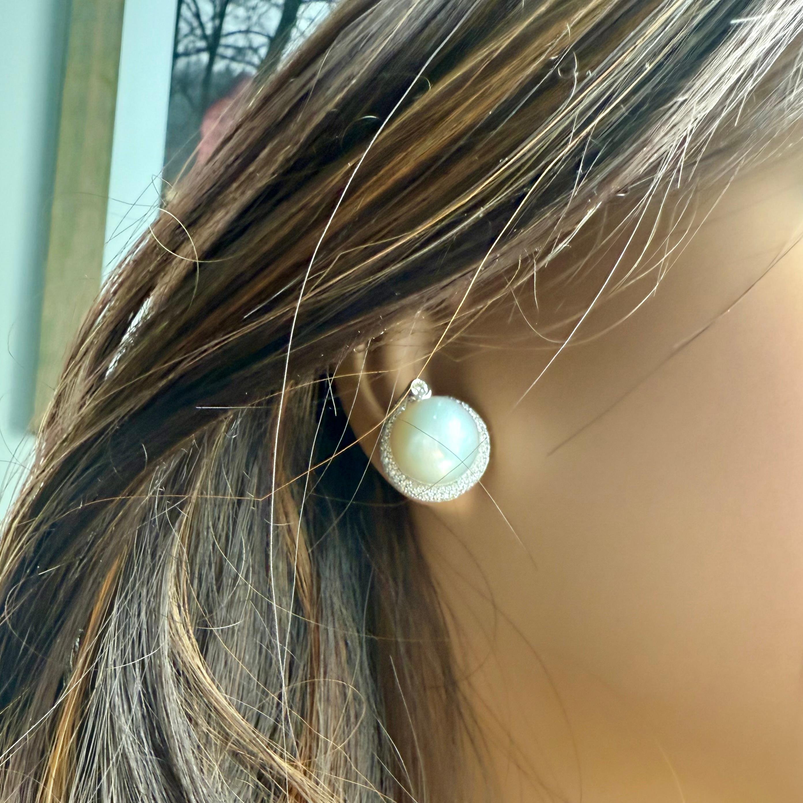 14K White Gold 13.4 Millimeter Pearl and Diamond 1.20 Carats Earrings For Sale 1