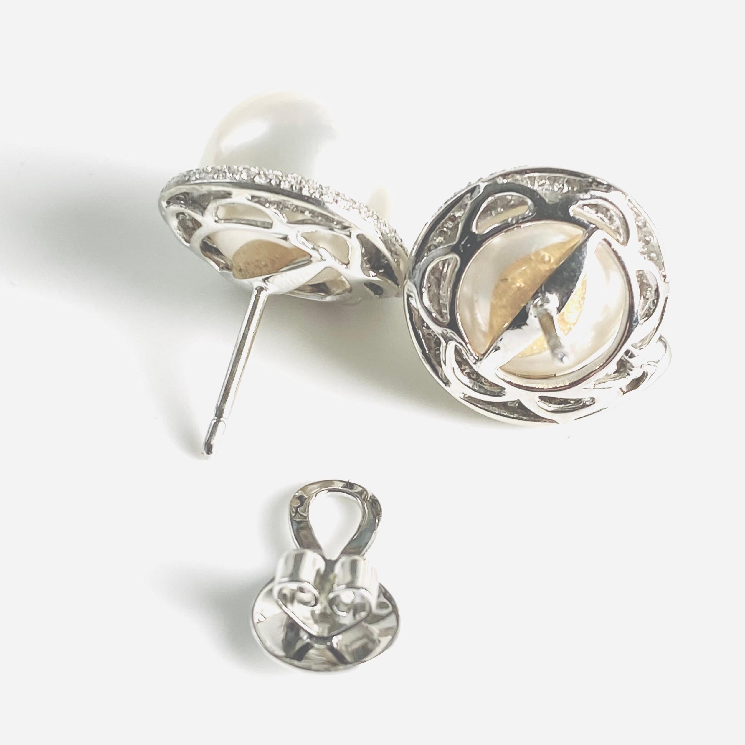 14K White Gold 13.4 Millimeter Pearl and Diamond 1.20 Carats Earrings For Sale 3