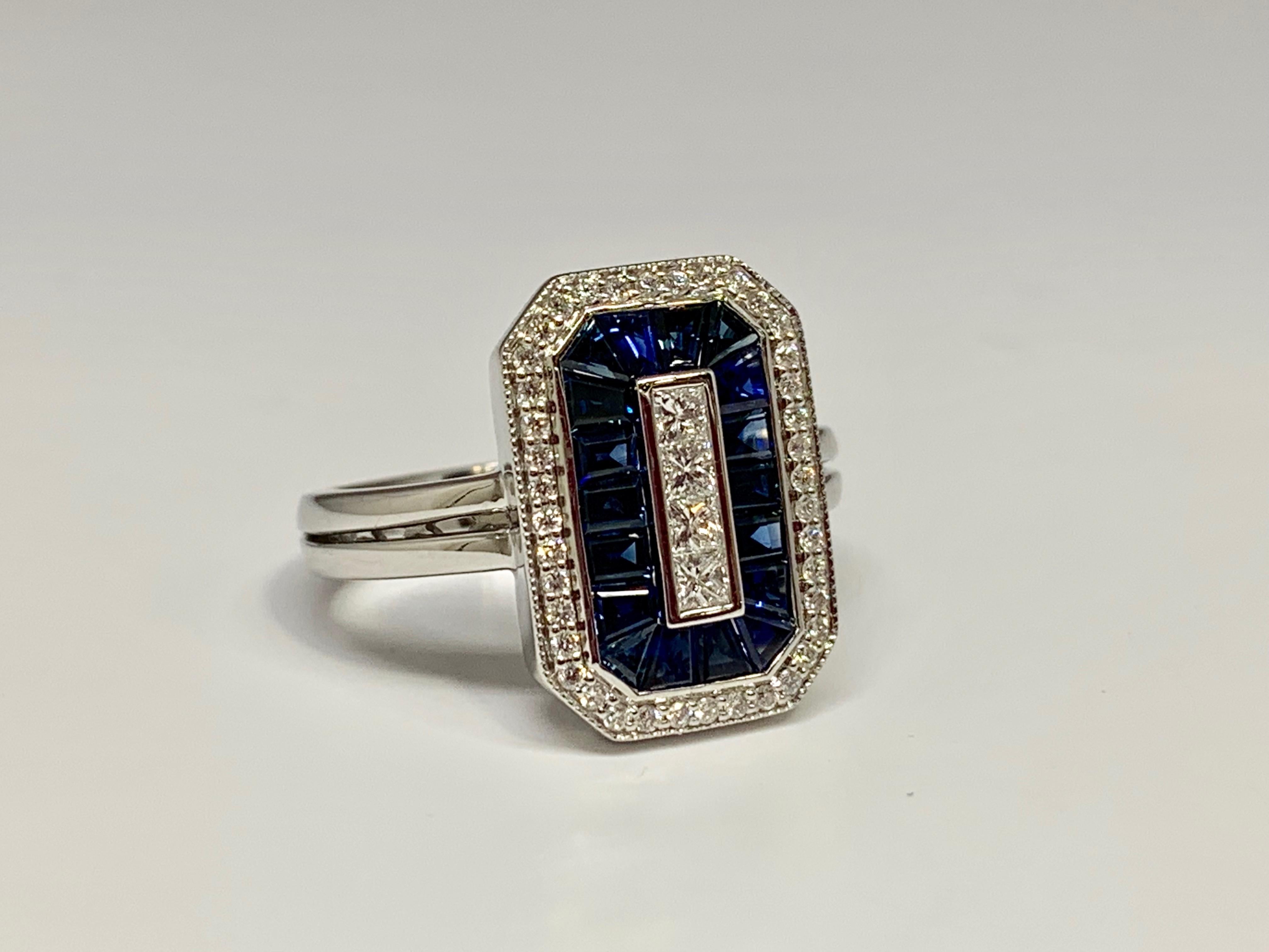 Art Deco 14 Karat White Gold 1.36 Carat Blue Sapphire and Diamond Cocktail Ring