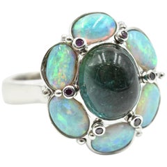 14k White Gold 1.38ct Green Tourmaline, Opal and Purple Diamond Cocktail Ring