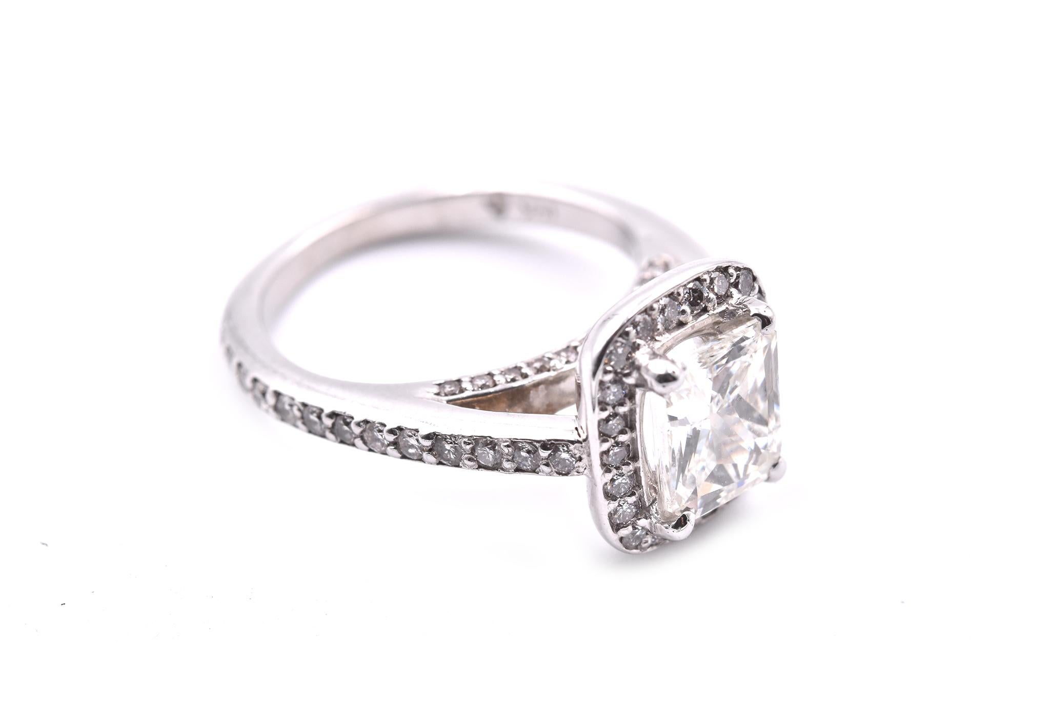 Designer: custom design
Material: 14k white gold
Center Diamond: 1 radiant cut= 1.04 EGL 918516328D
Color: H
Clarity: VS2
Diamonds: round brilliant cut= 0.72cttw
Color: G
Clarity: VS
Ring size: 4 ½ (please allow two additional shipping days for