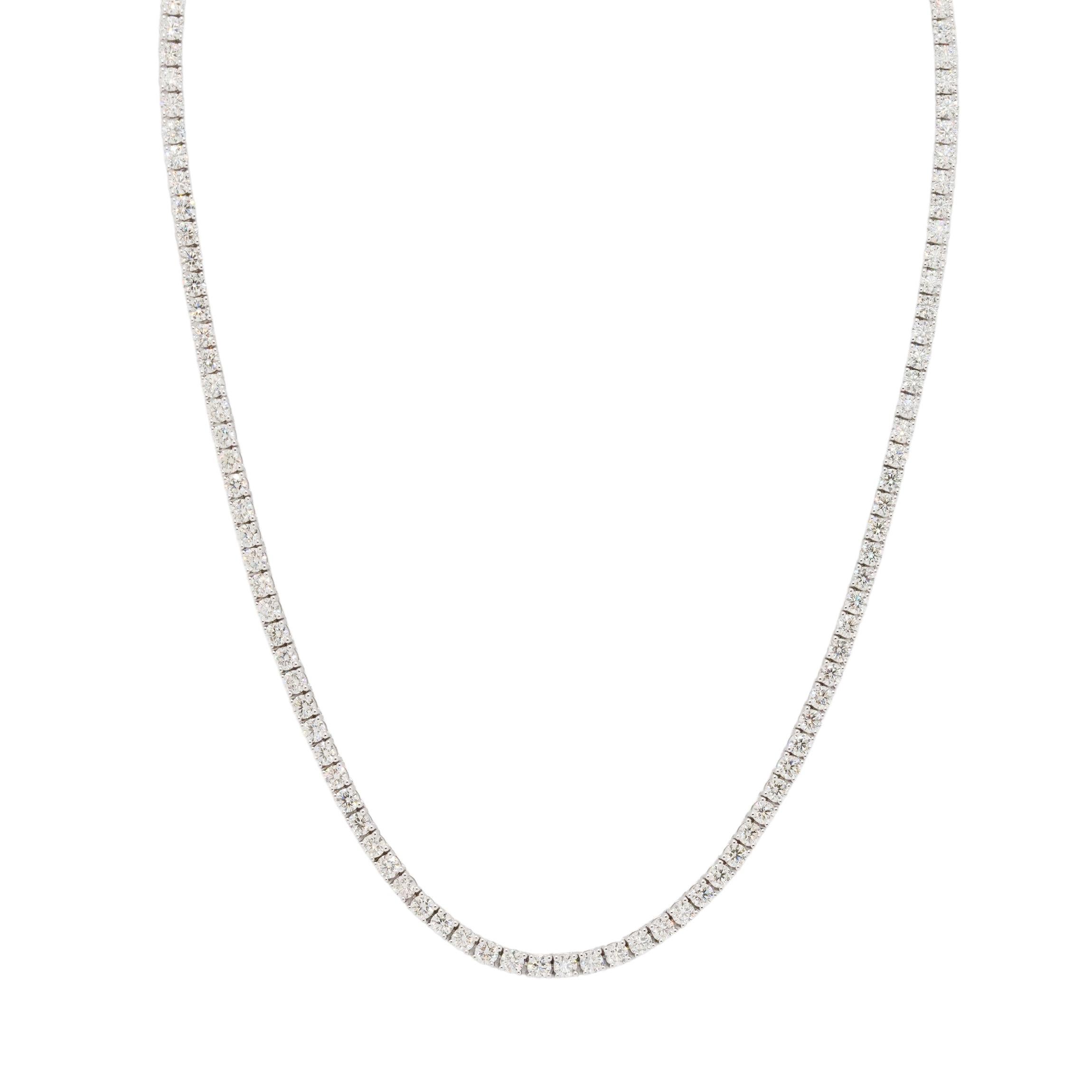 Wrap yourself in ageless elegance with this amazing 14kt White Gold Prong-set Round Natural Diamond Tennis Necklace. Each stone, adorned with 14.25 carats of stunning diamonds, boasts a beautiful G to H color and SI clarity. Crafted to perfection,