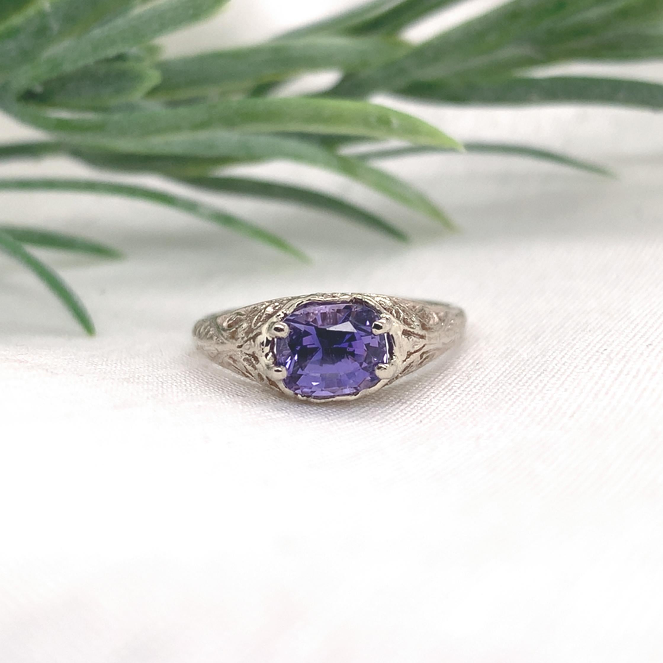 14K White Gold 1.43 carat Purple Sapphire Filigree Ring Natural Unheated 1