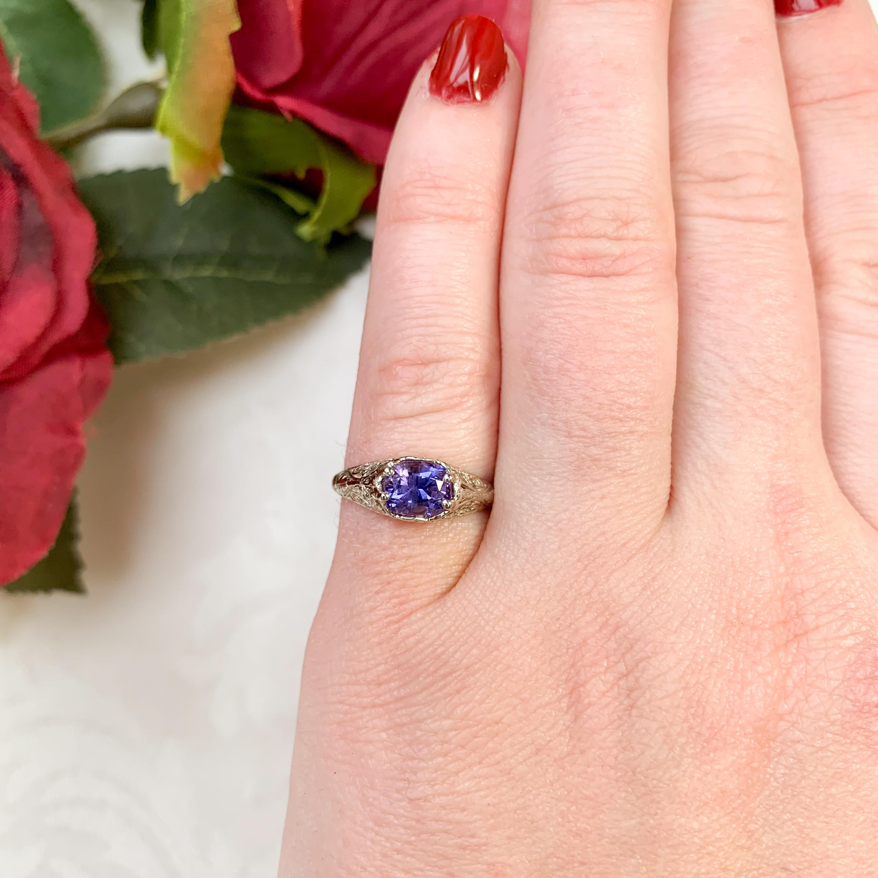 14K White Gold 1.43 carat Purple Sapphire Filigree Ring Natural Unheated 2