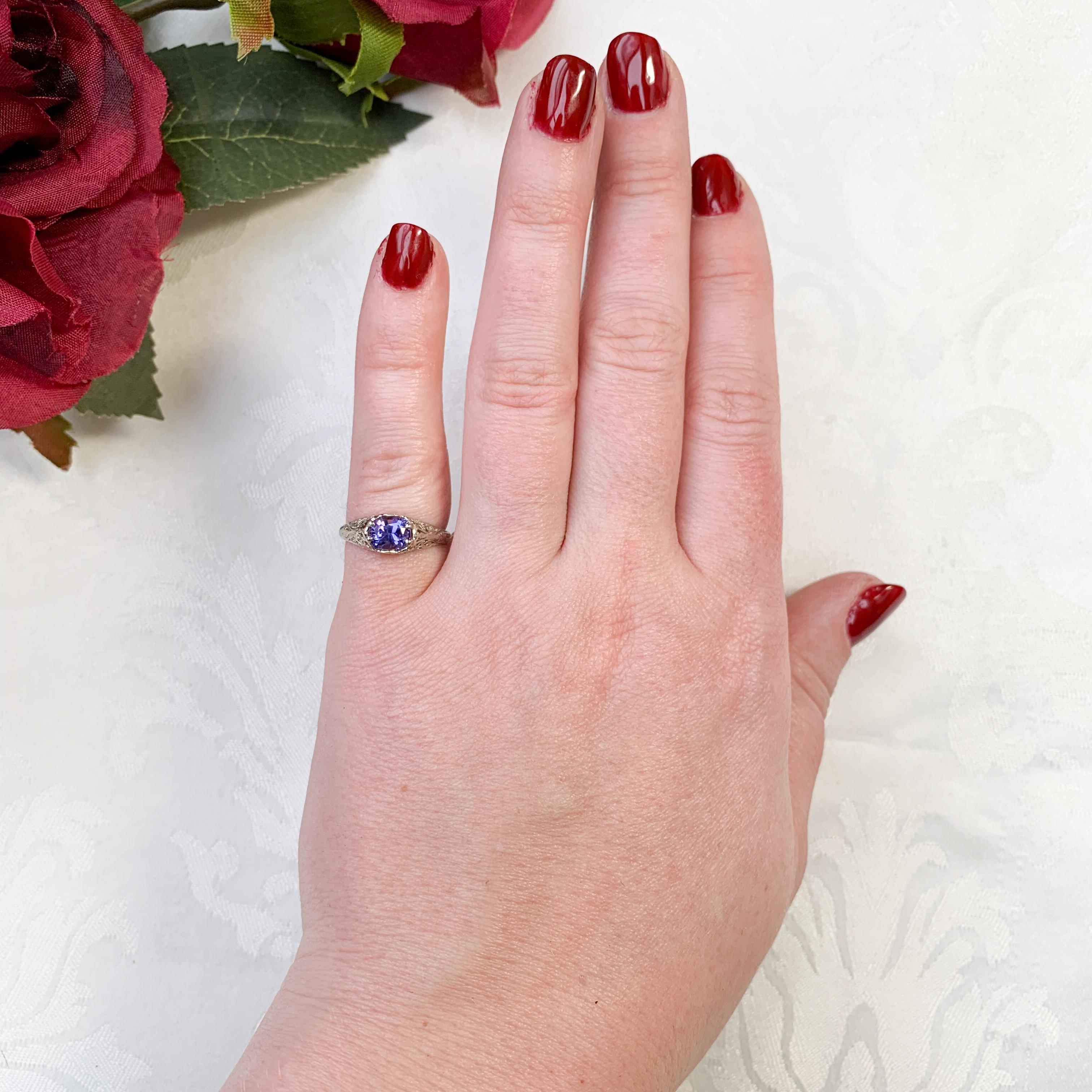 14K White Gold 1.43 carat Purple Sapphire Filigree Ring Natural Unheated 3