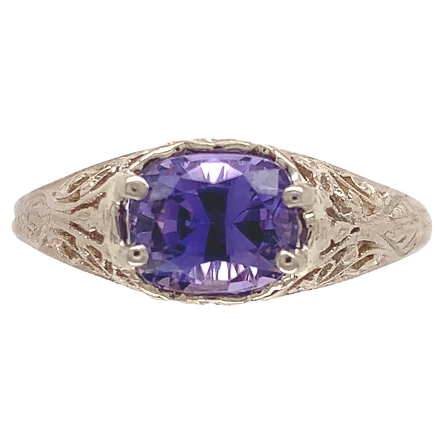 14K White Gold 1.43 carat Purple Sapphire Filigree Ring Natural Unheated