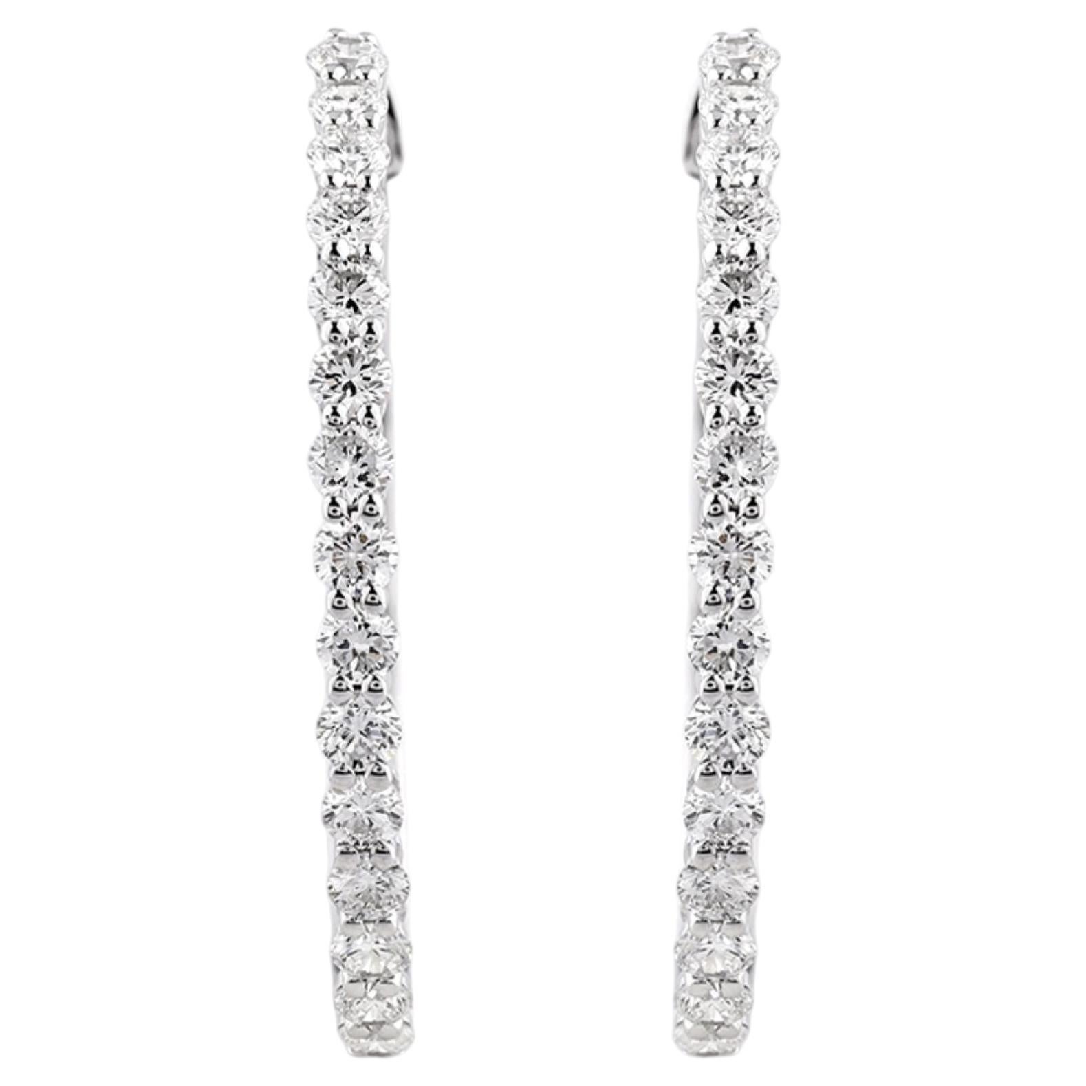 14K White Gold 1.44 Cts Shared-Prong Diamond Hoop Earrings