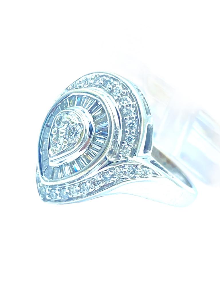 14K White Gold 1.48 Carat Halo Diamond Ring Baguettes & Round Brilliants For Sale 1