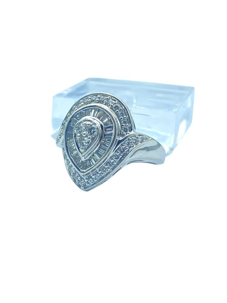 14K White Gold 1.48 Carat Halo Diamond Ring Baguettes & Round Brilliants For Sale 3
