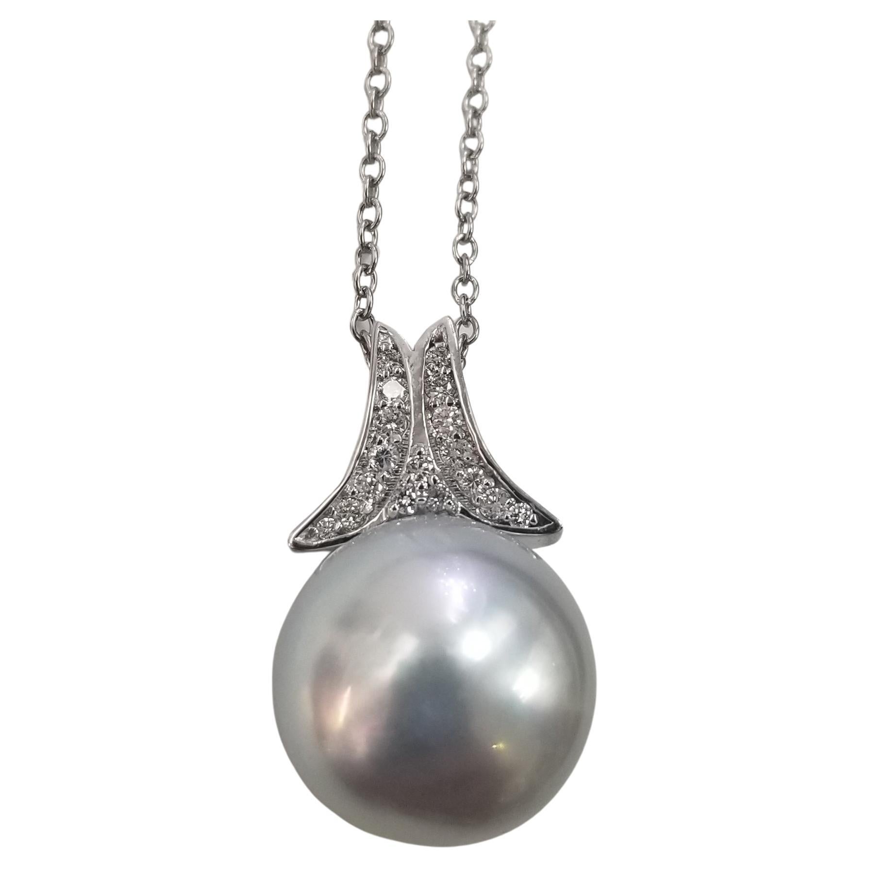 14k White Gold "Keshi" Pearl and Diamond Pendant For Sale