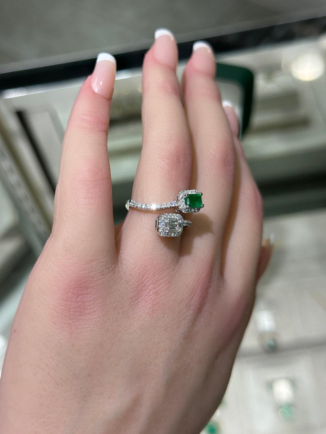 Women's 14K White Gold 1.51tcw Emerald Cut Emerald & Diamond Toi et Moi Bypass Ring For Sale