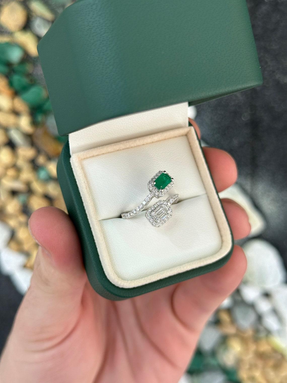 14K White Gold 1.51tcw Emerald Cut Emerald & Diamond Toi et Moi Bypass Ring For Sale 1