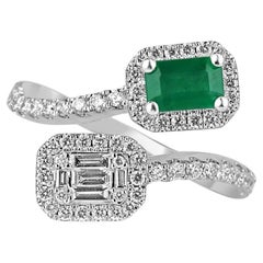 14K White Gold 1.51tcw Emerald Cut Emerald & Diamond Toi et Moi Bypass Ring