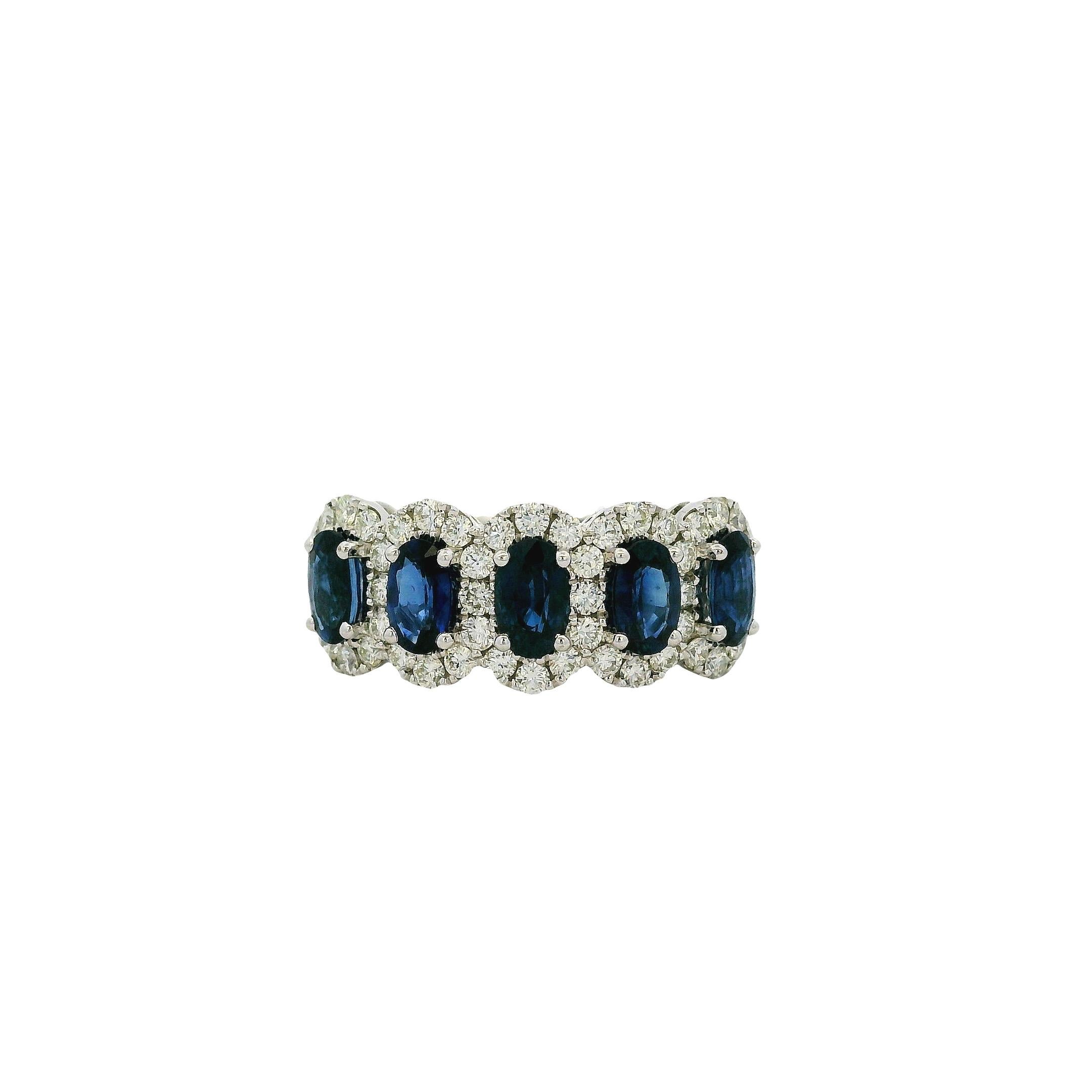 Modern 14k White Gold 1.54ctw Oval Sapphires with 0.57ctw Pave Diamonds Ring For Sale