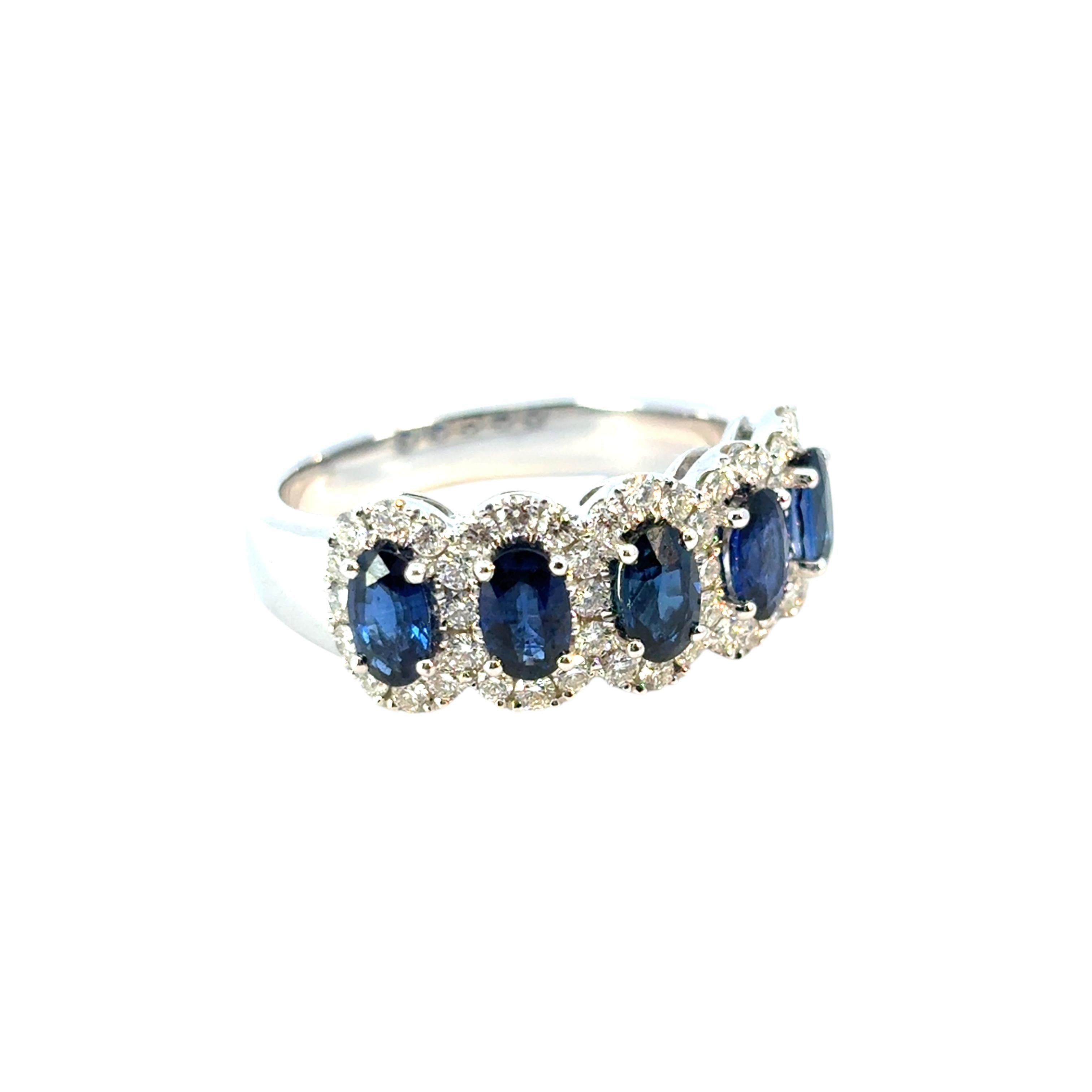 Oval Cut 14k White Gold 1.54ctw Oval Sapphires with 0.57ctw Pave Diamonds Ring For Sale