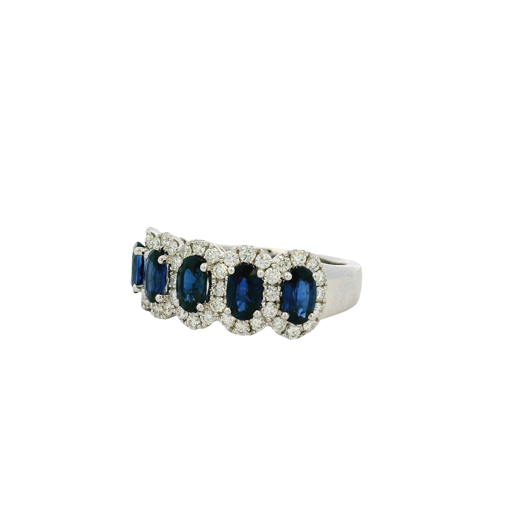 14k White Gold 1.54ctw Oval Sapphires with 0.57ctw Pave Diamonds Ring In New Condition For Sale In Boca Raton, FL