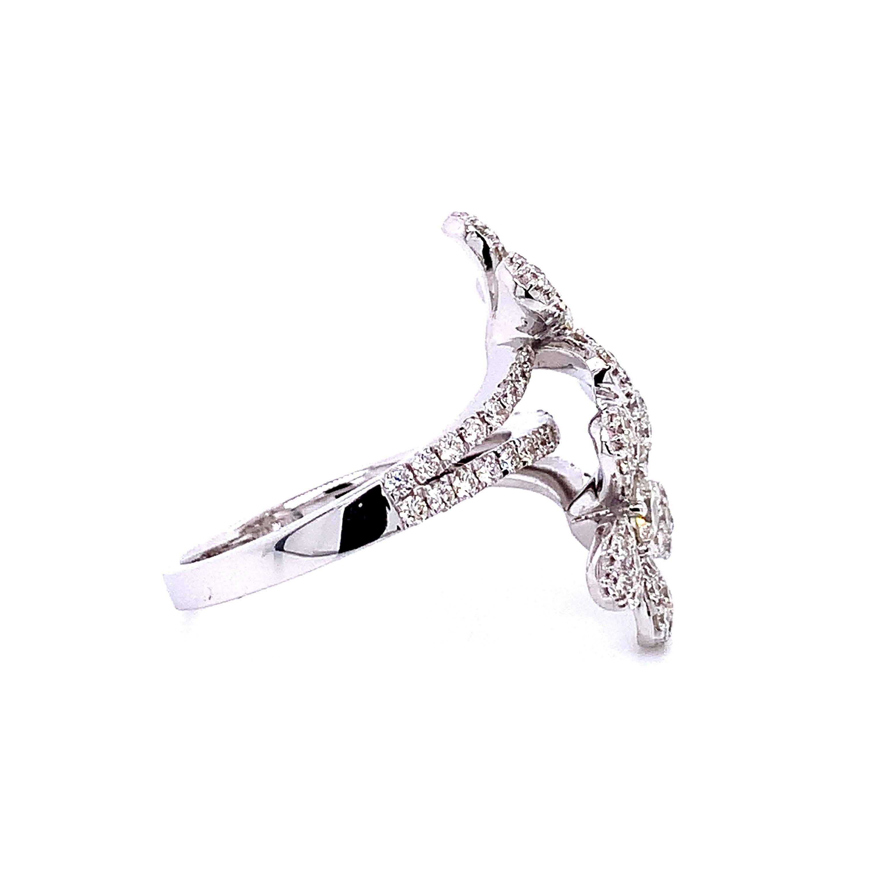 14 Karat White Gold Double Flower Cocktail Ring with 119 Round Cut Diamonds 1.55 Carat Total Diamond Weight with center stones in prong setting and side stones in pave setting.

Perfect piece of jewelry to match any outfit, and sturdy for everyday