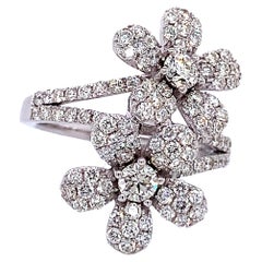 14k White Gold 1.55 Carat Double Flower Ring Round-Cut Diamonds