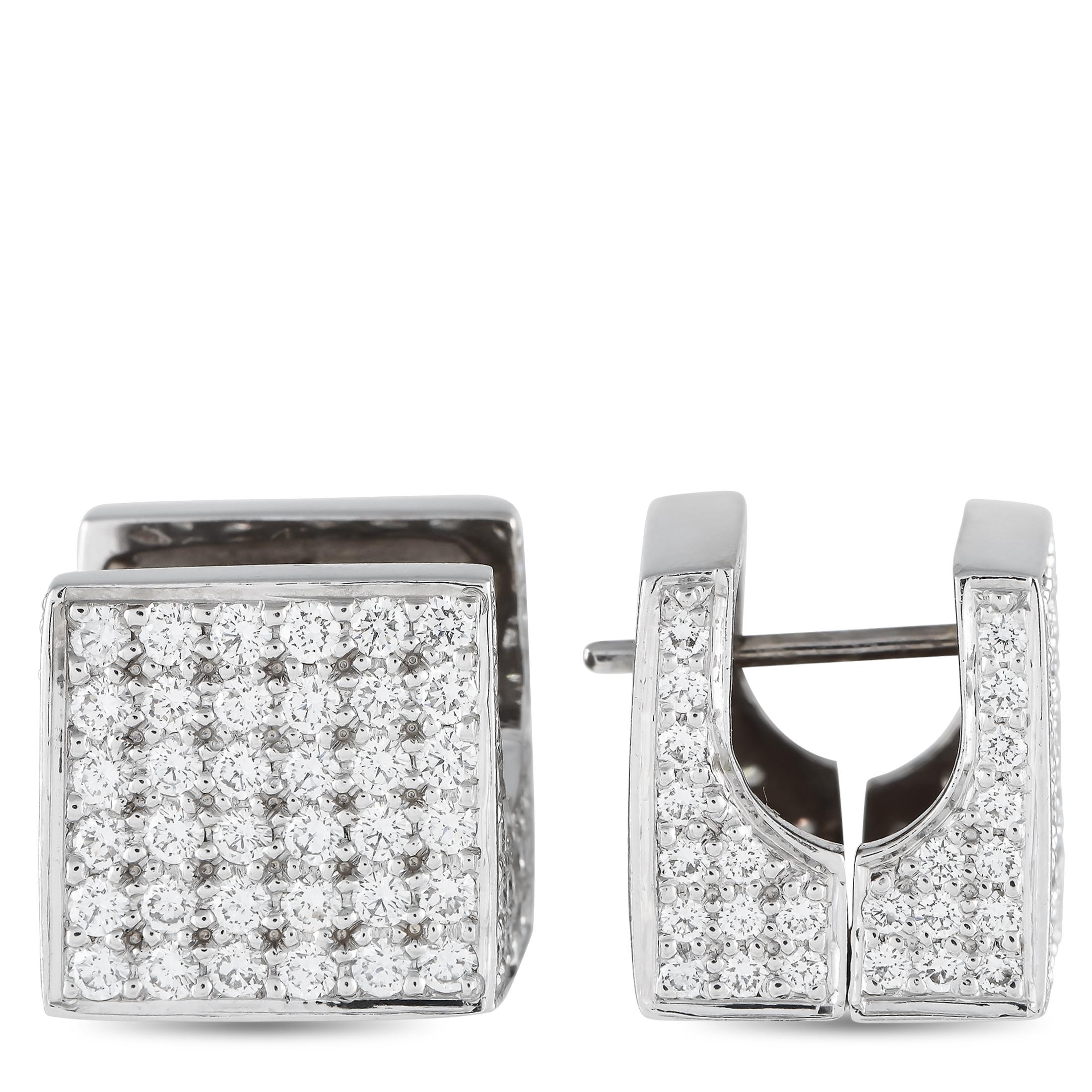 These cube-shaped earrings are chic, modern, and incredibly elegant. Covered in Diamonds with a total weight of 1.55 carats, each one features a sleek 14K White Gold setting measuring 0.5 long by 0.5 wide.This jewelry piece is offered in estate