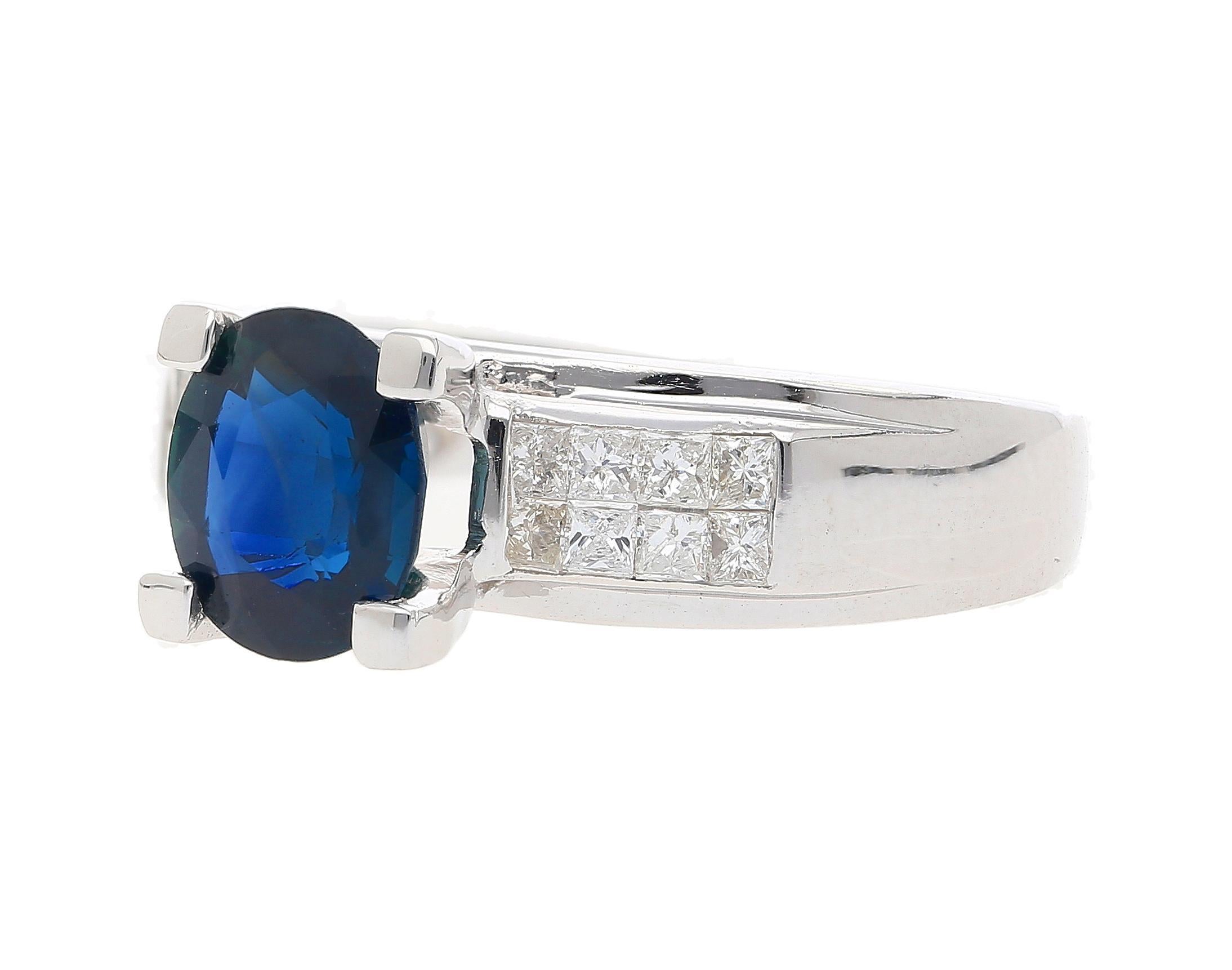 Oval Cut 14K White Gold 1.56 Carat Oval Blue Sapphire and Invisible Cluster Diamond Ring For Sale